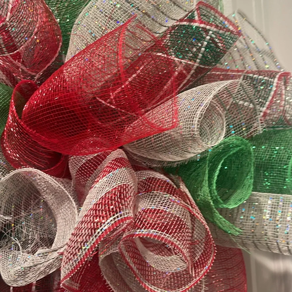 Festive Red, Green, and White Holiday Wreath Deco Mesh. Handmade.